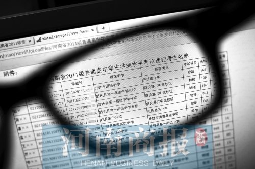 在河南招生考試信息網上可以看到356名違紀舞弊考生的相關信息，其中包括考生號、學籍號、所在中學等