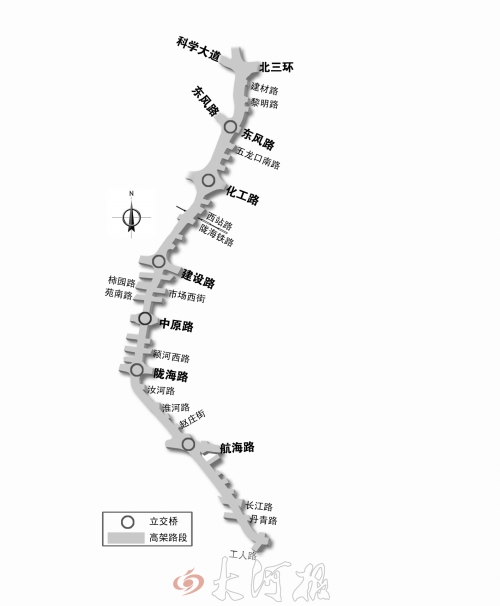 截至目前，僅剩西三環(huán)跨長江路、丹青路高架橋金水河處一座箱梁尚未澆筑。