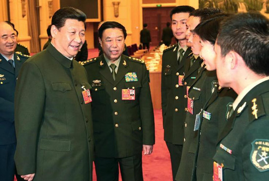 中共中央總書記、中共中央軍委主席習(xí)近平出席十二屆全國人大一次會議解放軍代表團全體會議并發(fā)表重要講話。