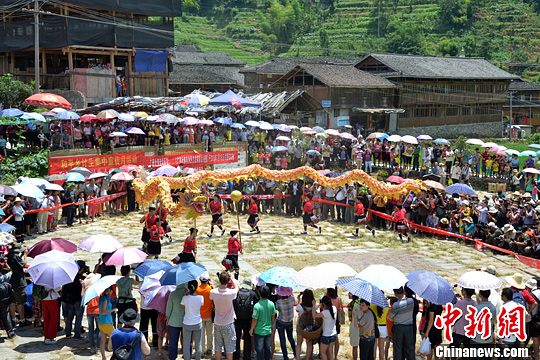 圖為當(dāng)?shù)丶t瑤民眾舞起長龍祈求風(fēng)調(diào)雨順。中新社發(fā) 韋吉陽 攝