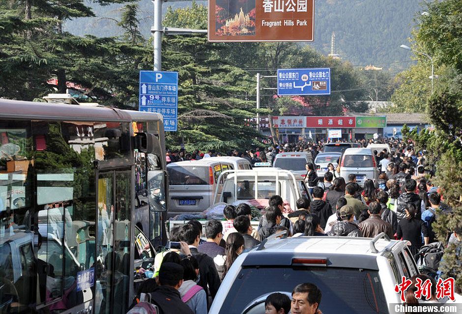圖為10月26日上午10點(diǎn)多，北京香山路賞紅客摩肩接踵
