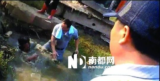 男子沒入水塘后試圖反抗，遭戴黑帽男子毆打。視頻截圖