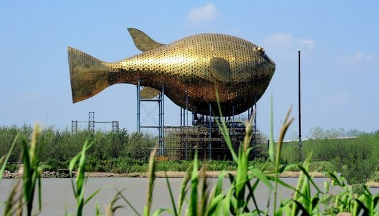 昨天，揚(yáng)中市西沙島，正在施工的河豚塔金光閃閃