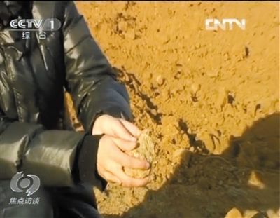麻剛沙系麻剛石粉碎而成。記者找到一塊麻剛石，一捏就碎成粉末，硬度非常差。央視截圖