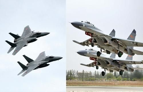 29日，中國空軍查證了進入東海防空識別區(qū)的美日軍機，左圖為進入防空識別區(qū)的日本F-15戰(zhàn)機(資料圖)，右圖為當天起飛的中國殲-11飛機(資料圖)。