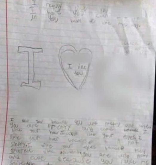 9歲男童給同伴女同學寫的情書。