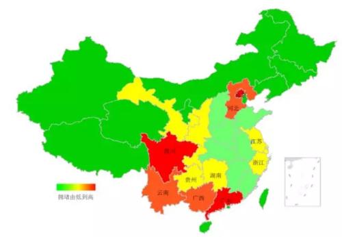 端午期間省域擁堵情況。來源：交通部聯(lián)合其他機構(gòu)發(fā)布的《2018年端午全國公路網(wǎng)出行預(yù)測報告》。