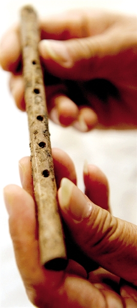 這是近日出土的用丹頂鶴尺骨制成的五孔骨笛。新華社發(fā)