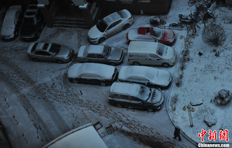 11月18日，沈陽街頭車輛被積雪覆蓋。