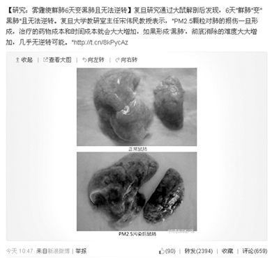 昨天，一則“霧霾使鮮肺6天變黑肺”的新聞在網(wǎng)上引發(fā)熱議。網(wǎng)絡(luò)截圖
