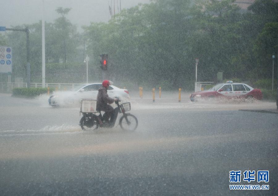 5月11日，車輛在深圳西麗留仙大道涉水前行。
