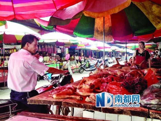  昨日，玉林垌口市場，一位市民在購買狗肉。