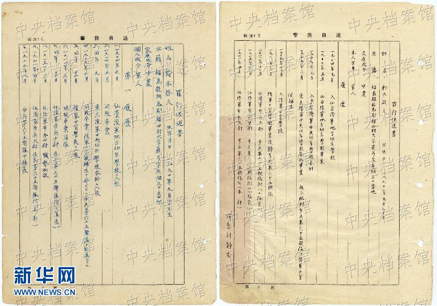 這是日本戰(zhàn)犯鈴木啟久的部分筆供原文（左圖）和鈴木啟久筆供的中文譯文（右圖）。