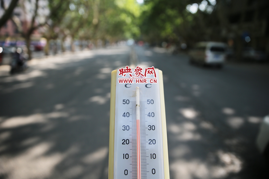 7月8日下午15時(shí)30分，人民路樹(shù)陰處溫度為36度，比人防納涼處高11度。