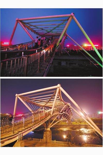 花園路西側東風渠景觀橋，上圖攝于7月31日晚間，下圖攝于10月9日晚間。