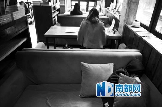 12月12日上午，不打烊書店里，12歲的楊東吃完午飯后抱著抱枕蜷在沙發(fā)里睡覺。