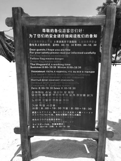 大東海海灘上用多國(guó)語(yǔ)言設(shè)立的安全告示。
