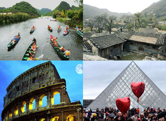 被電視真人秀帶火的旅游景點(diǎn)。左上:云南普者黑;右上:北京靈水村;左下:意大利羅馬;右下:法國(guó)巴黎。