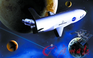 　美國X—37B宇宙飛船在太空中。（合成圖片）